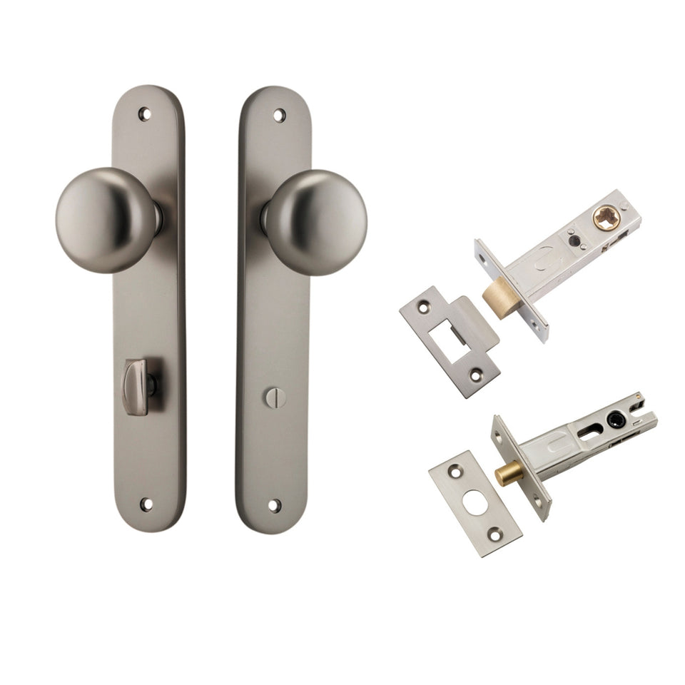 Iver Cambridge Knob Oval Backplate Privacy Kit with Privacy Turn Satin Nickel