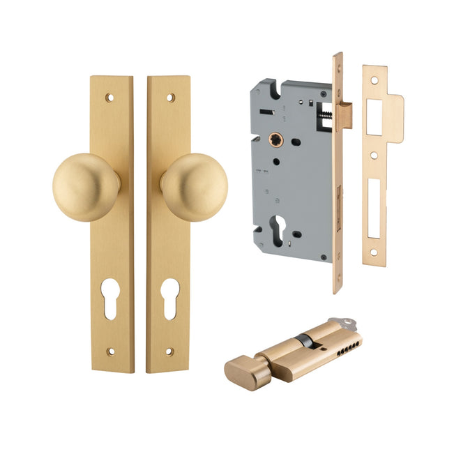 Iver Cambridge Knob Rectangular Backplate Entrance Kit with High Security Lock Brushed Brass 15322KENTR60KT - The Blue Space