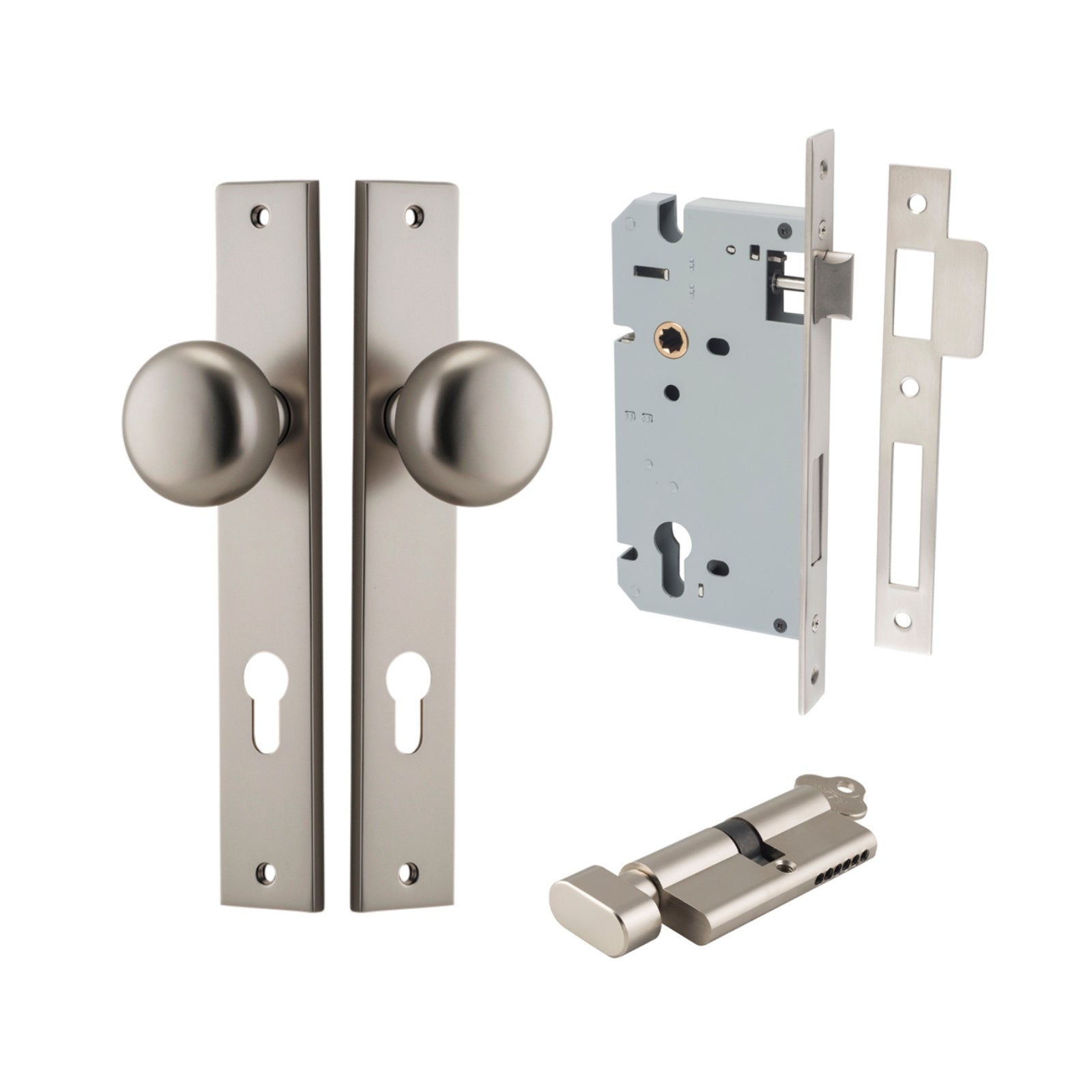 Iver Cambridge Knob Rectangular Backplate Entrance Kit with High Security Lock Satin Nickel  14822KENTR60KT - The Blue Space