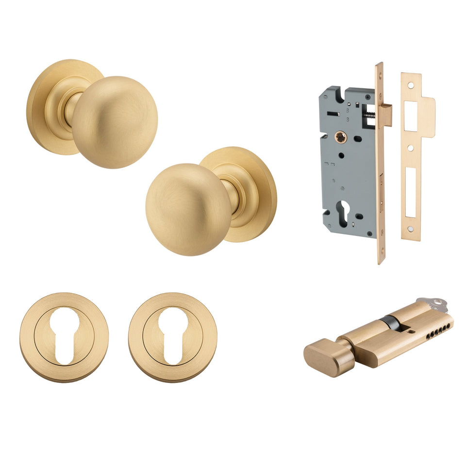 Iver Cambridge Knob Round Rose Entrance Kit with Separate High Security Lock Brushed Brass