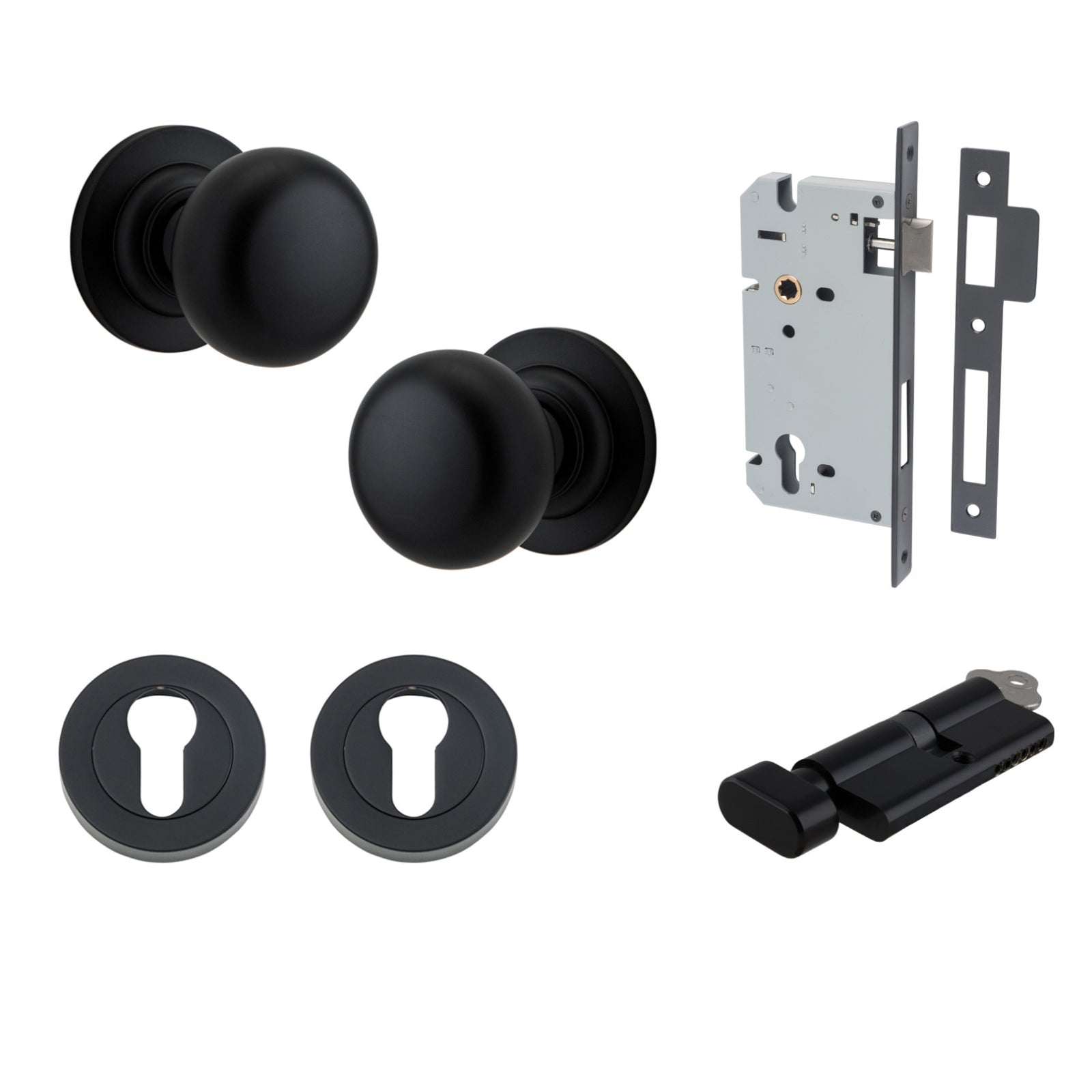Iver Cambridge Knob Round Rose Entrance Kit with Separate High Security Lock Matte Black  0203KENTR60KT - The Blue Space
