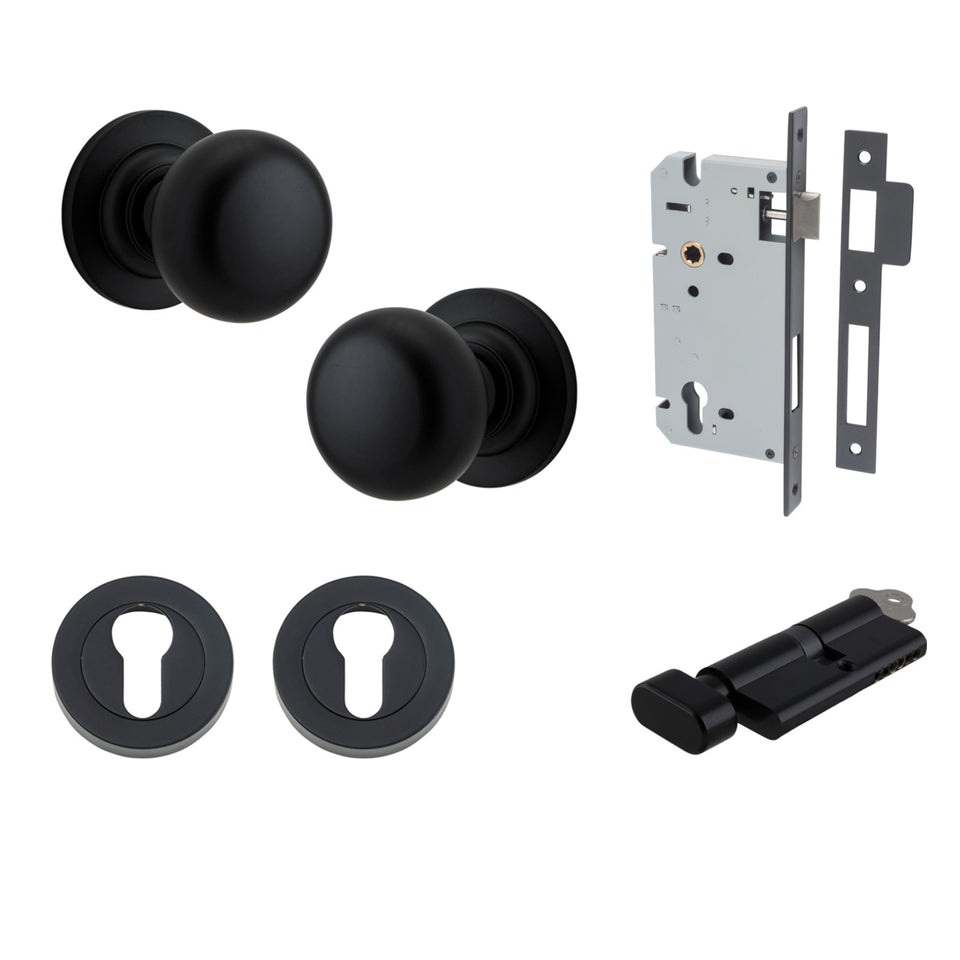 Iver Cambridge Knob Round Rose Entrance Kit with Separate High Security Lock Matte Black