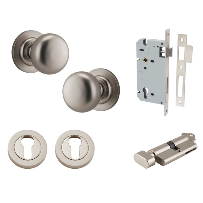 Iver Cambridge Knob Round Rose Entrance Kit with Separate High Security Lock Satin Nickel  0209KENTR60KT - The Blue Space