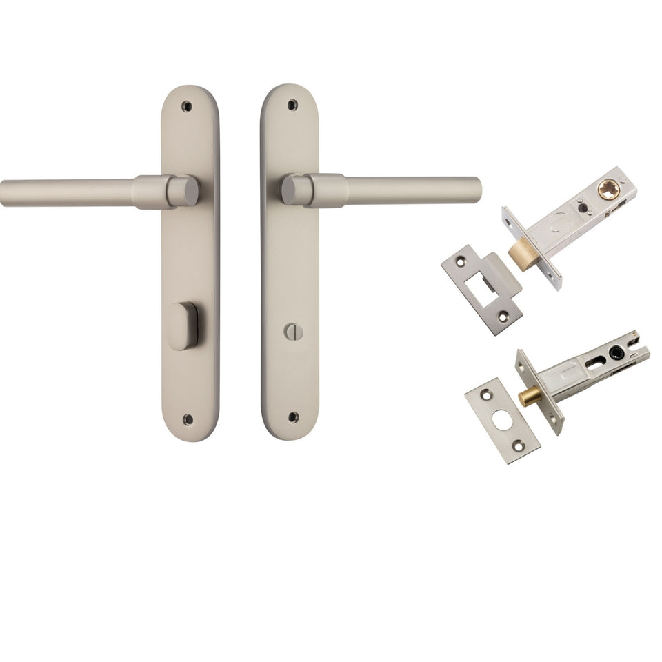 Iver Helsinki Lever Oval Backplate Privacy Kit with Privacy Turn Satin Nickel