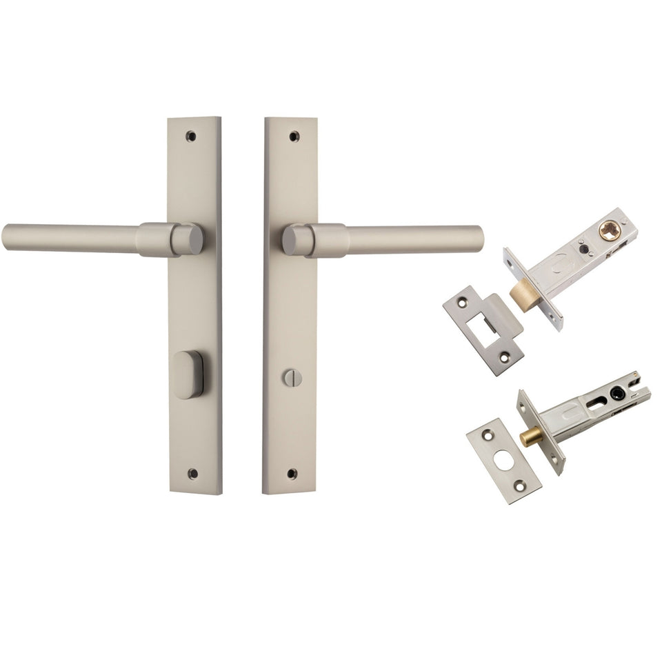 Iver Helsinki Lever Rectangular Backplate Privacy Kit with Privacy Turn Satin Nickel