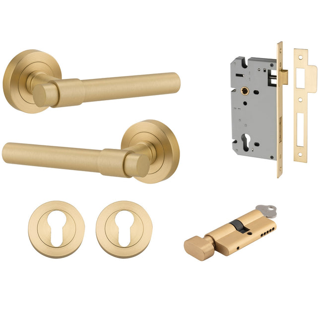 Iver Helsinki Lever Round Rose Entrance Kit with Separate High Security Lock Brushed Gold PVD 16626KENTR60KT - The Blue Space