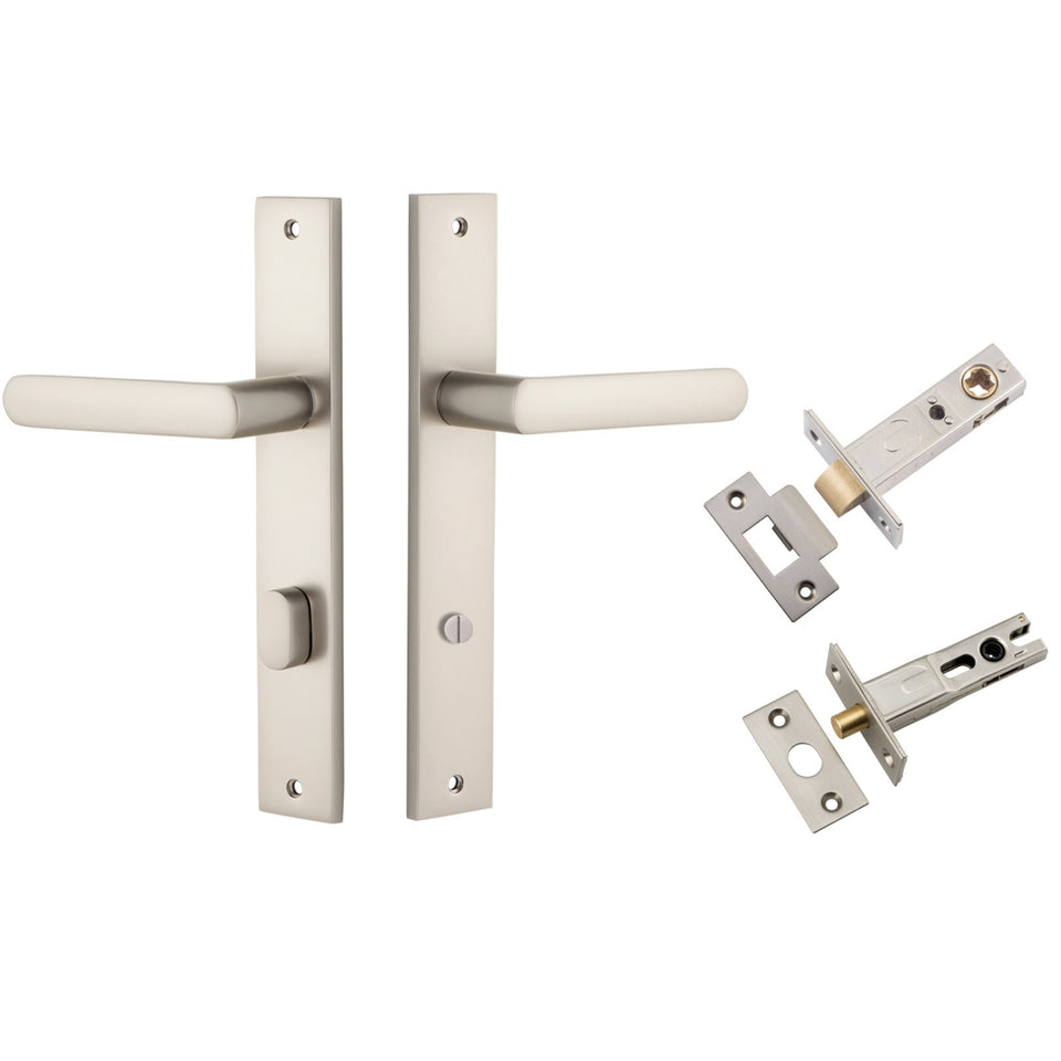 Iver Osaka Lever Rectangular Backplate Privacy Kit with Privacy Turn Satin Nickel