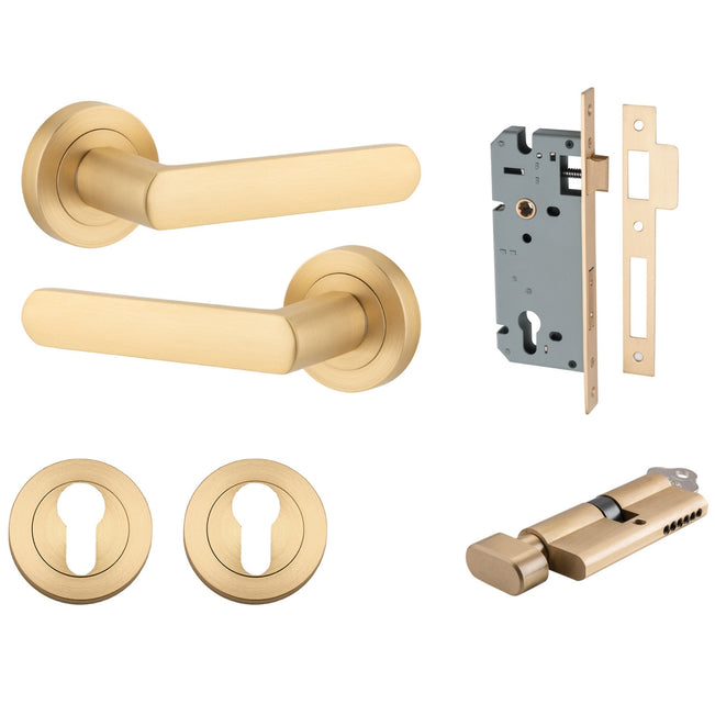 Iver Osaka Lever Round Rose Entrance Kit with Separate High Security Lock Brushed Brass 20776KENTR60KT - The Blue Space