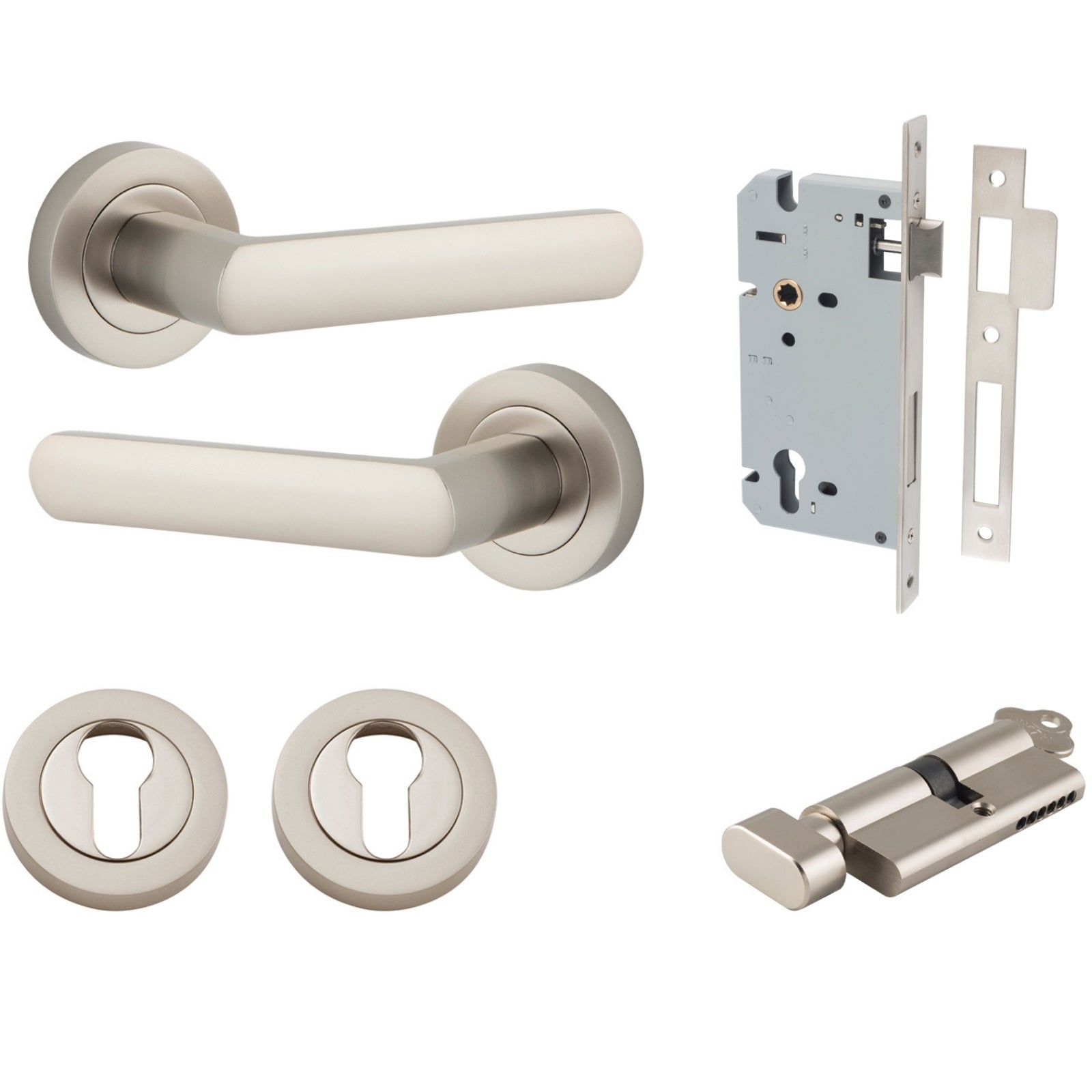 Iver Osaka Lever Round Rose Entrance Kit with Separate High Security Lock Satin Nickel 20779KENTR60KT - The Blue Space