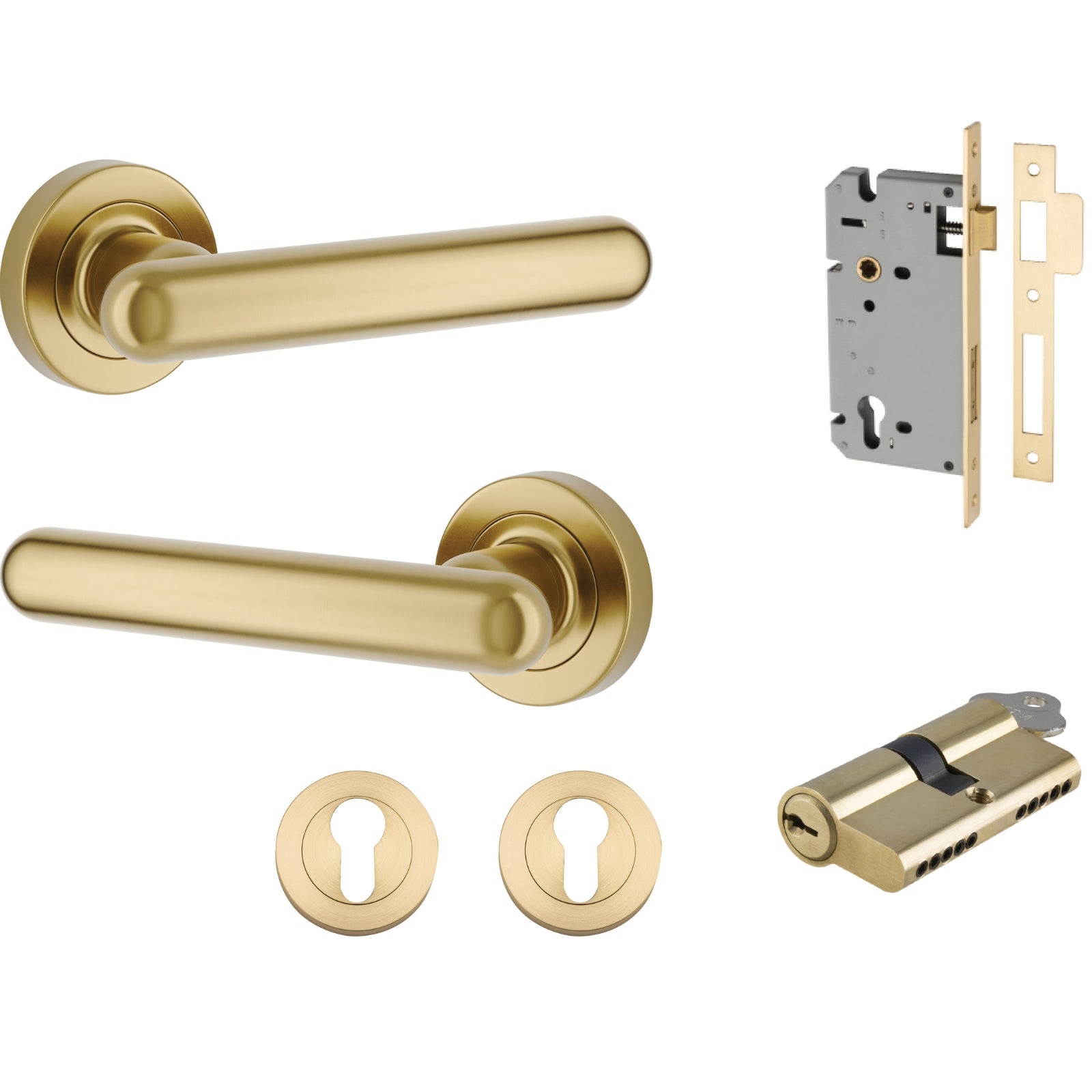 Iver Puerto Lever Round Rose Entrance Kit with Separate High Security Lock Key/Key Brushed Gold PVD 24000KENTR60KK - The Blue Space