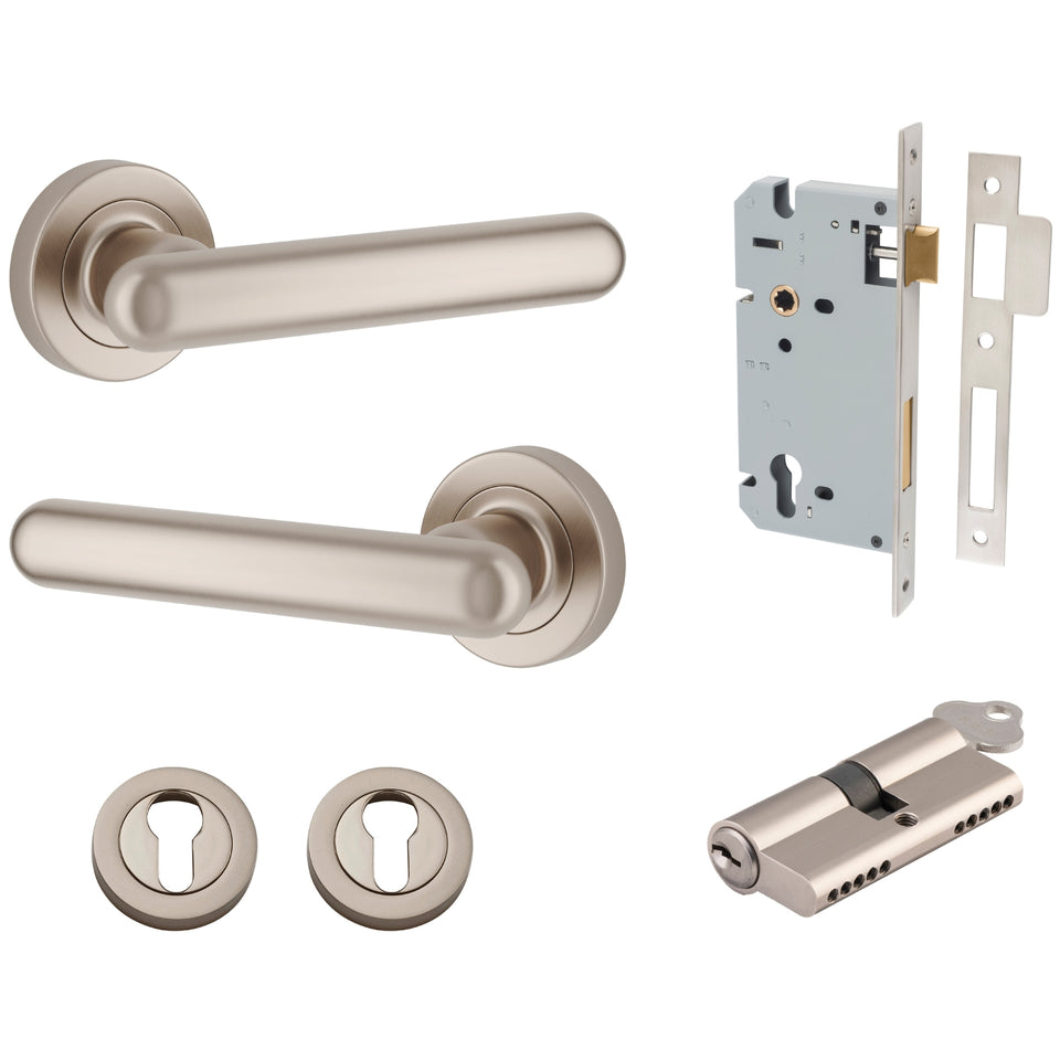 Iver Puerto Lever Round Rose Entrance Kit with Separate High Security Lock Key/Key Satin Nickel
