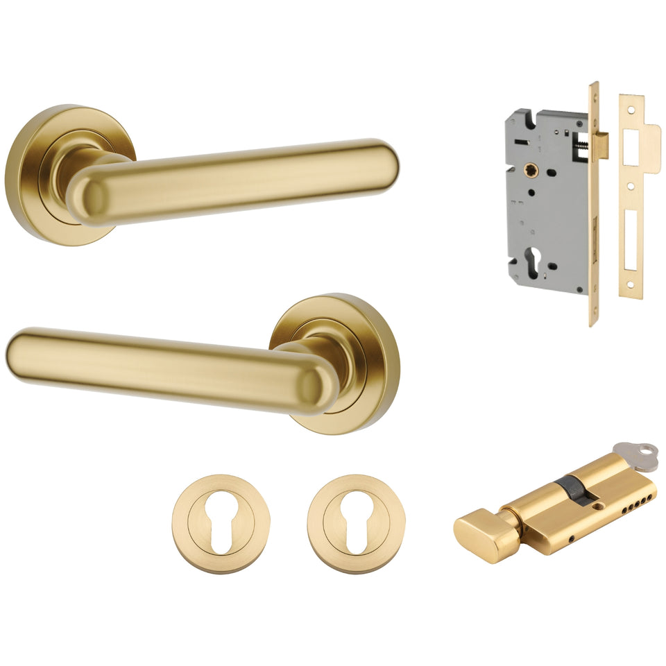 Iver Puerto Lever Round Rose Entrance Kit with Separate High Security Lock Key/Thumb Brushed Gold PVD