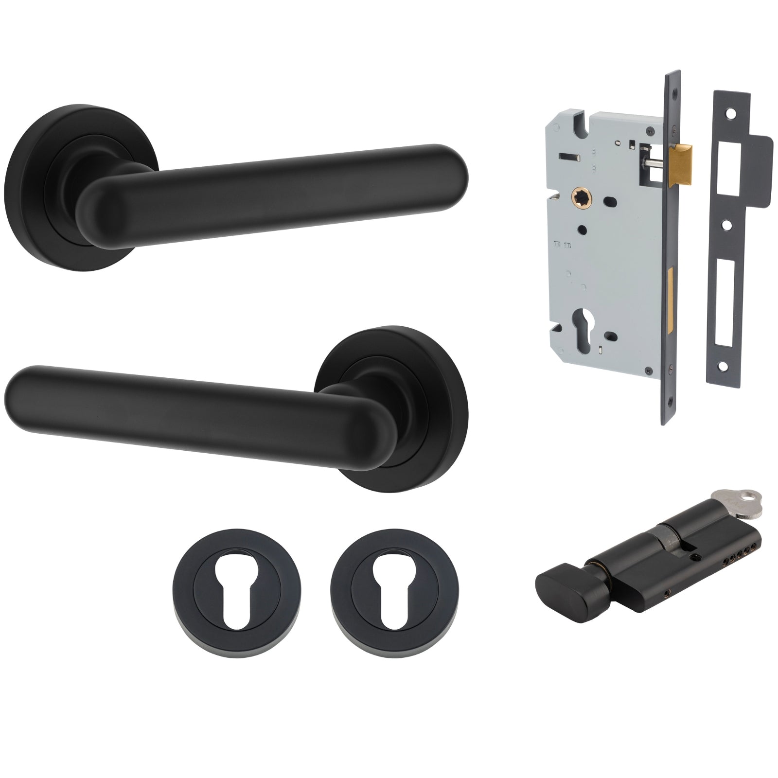 Iver Puerto Lever Round Rose Entrance Kit with Separate High Security Lock Key/Thumb Matte Black 24003KENTR60KT - The Blue Space