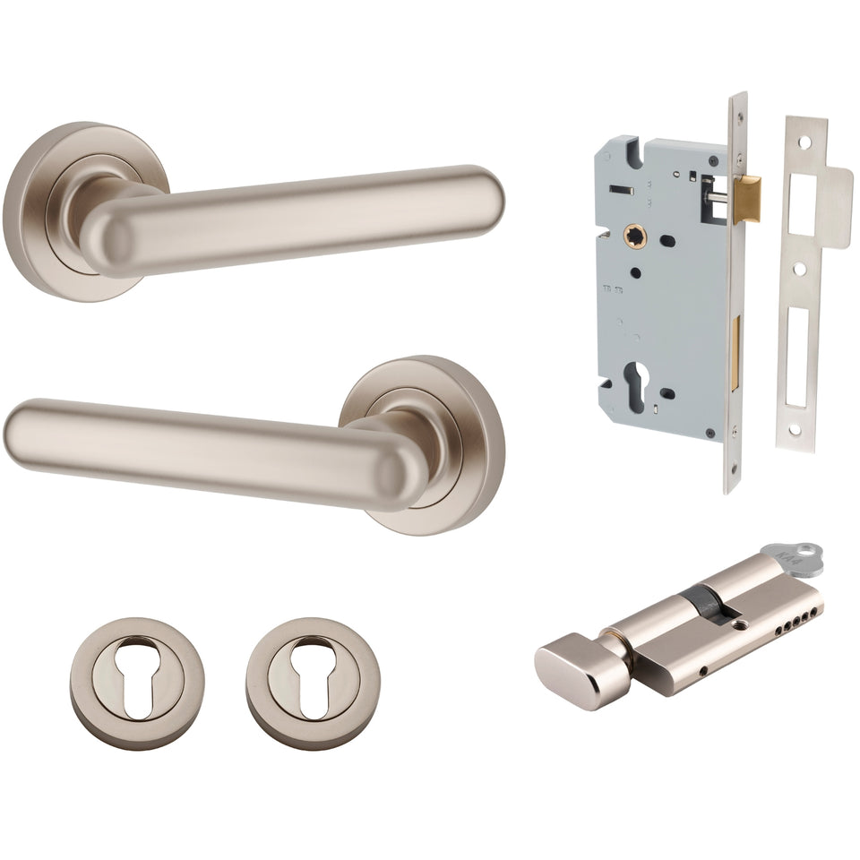 Iver Puerto Lever Round Rose Entrance Kit with Separate High Security Lock Key/Thumb Satin Nickel