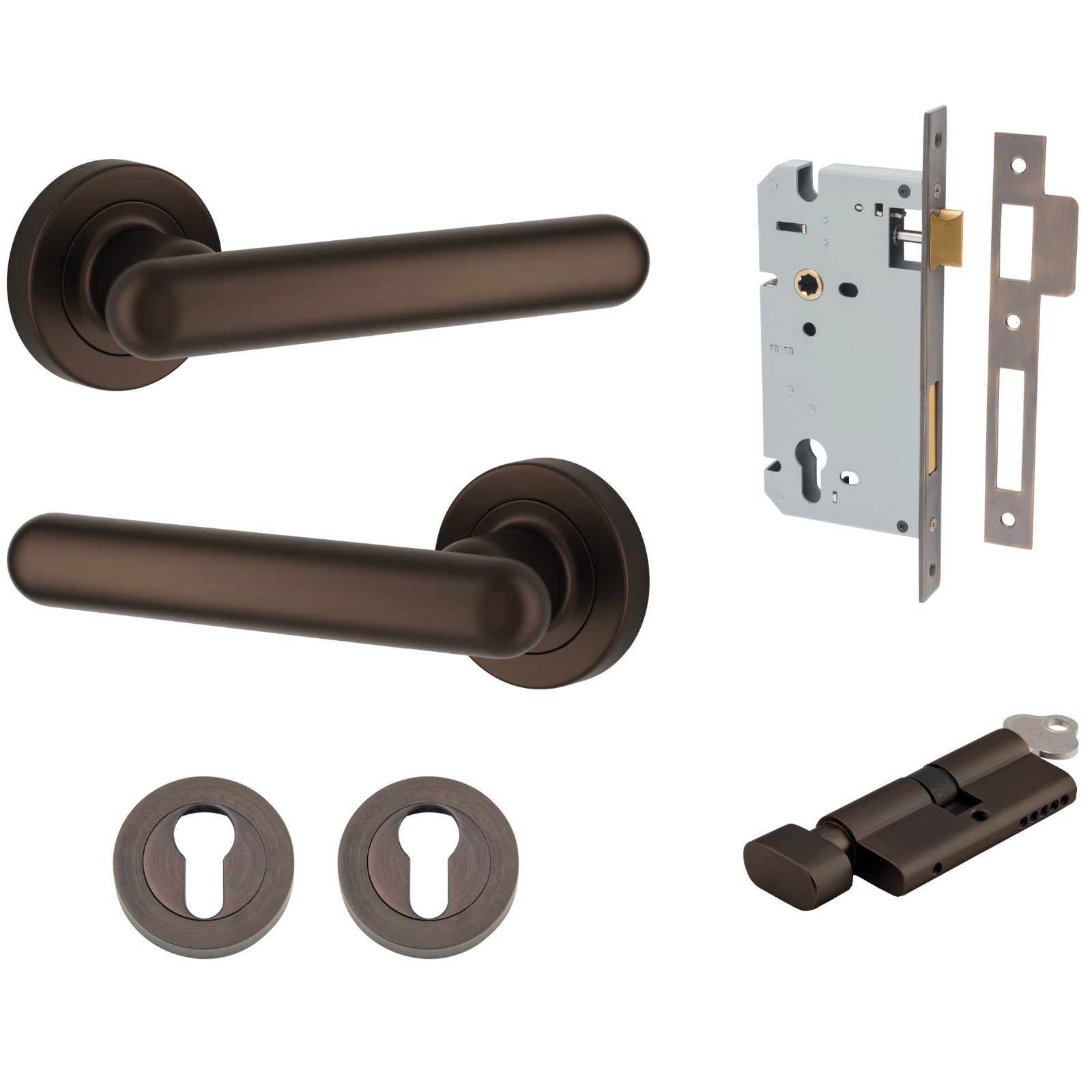 Iver Puerto Lever Round Rose Entrance Kit with Separate High Security Lock Key/Thumb Signature Brass 24002KENTR60KT - The Blue Space