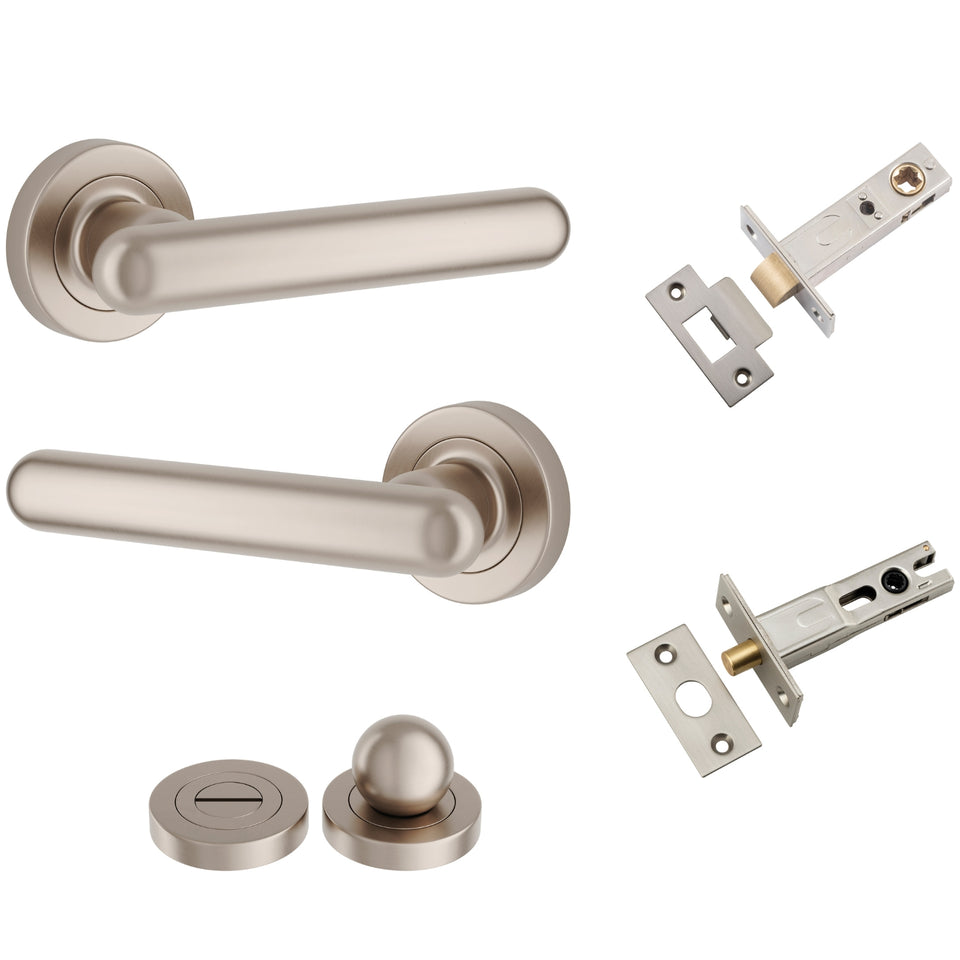 Iver Puerto Lever Round Rose Privacy Kit with Separate Privacy Turn Satin Nickel