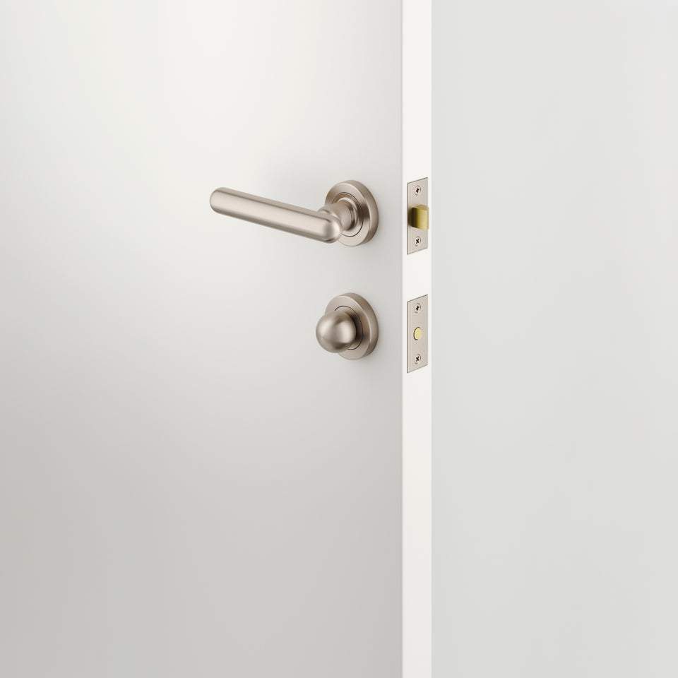 Iver Puerto Lever Round Rose Privacy Kit with Separate Privacy Turn Satin Nickel
