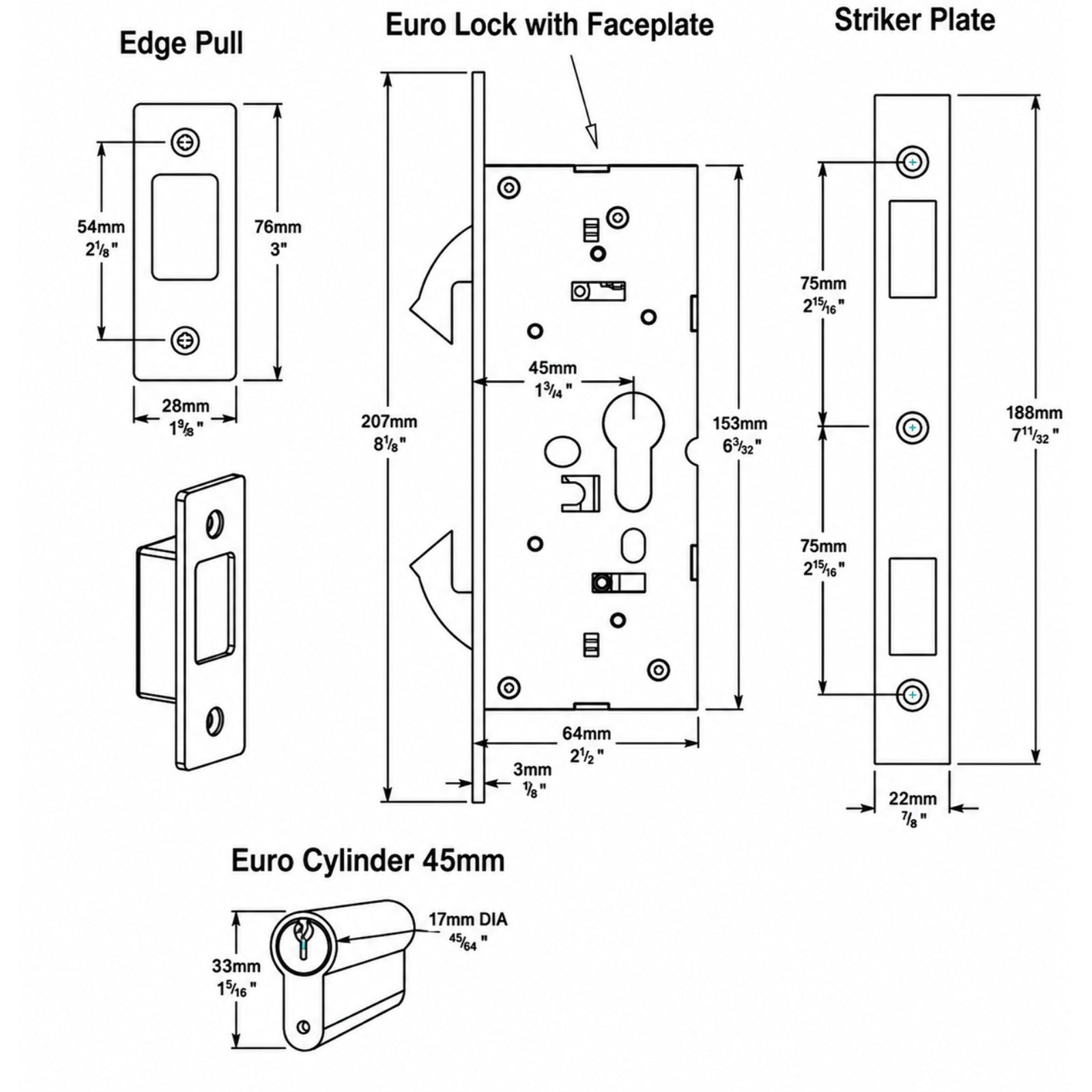 Line Drawing Iver Rectangular Sliding Door Pull Entrance Kit with High Security Lock Brushed Brass 21416E - The Blue Space