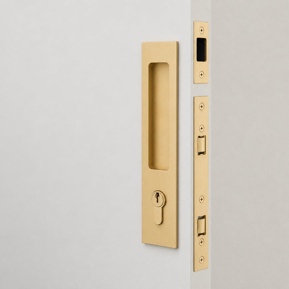 Iver Rectangular Sliding Door Pull Entrance Kit with High Security Lock Brushed Brass