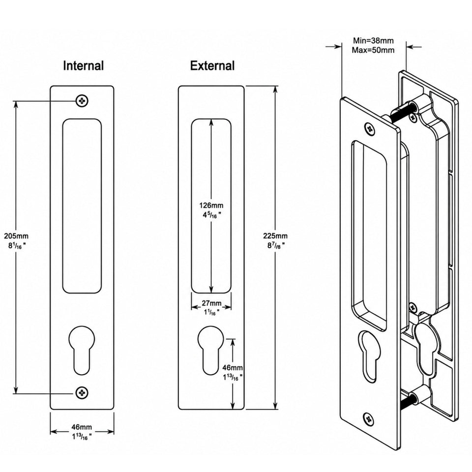 Iver Rectangular Sliding Door Pull Entrance Kit with High Security Lock Brushed Gold PVD