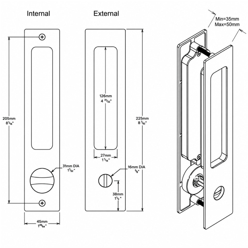Iver Rectangular Sliding Door Pull Privacy Kit with Privacy Turn Satin Nickel