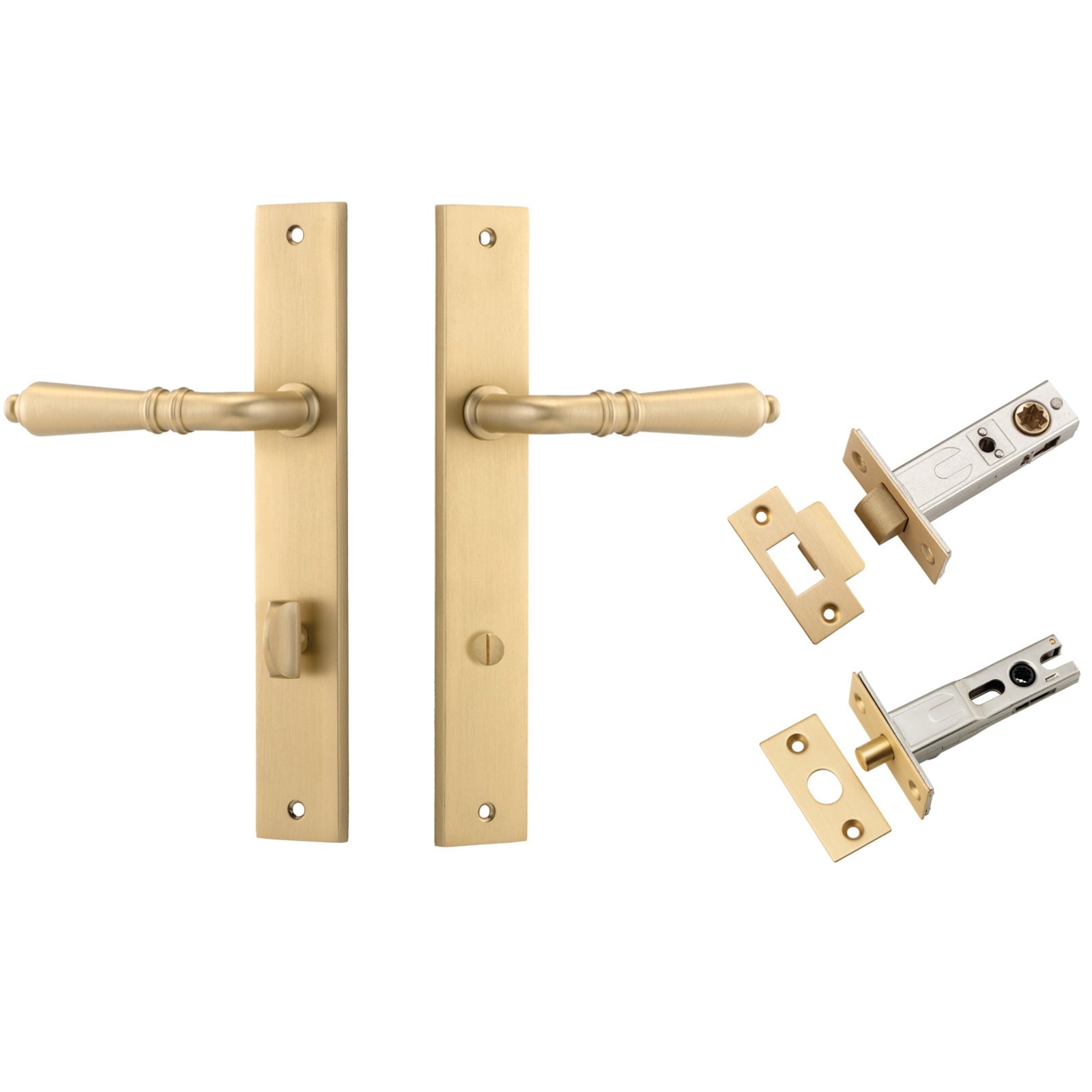 Iver Sarlat Lever Rectangular Backplate Privacy Kit with Privacy Turn Brushed Brass 15200KPRIV60 - The Blue Space