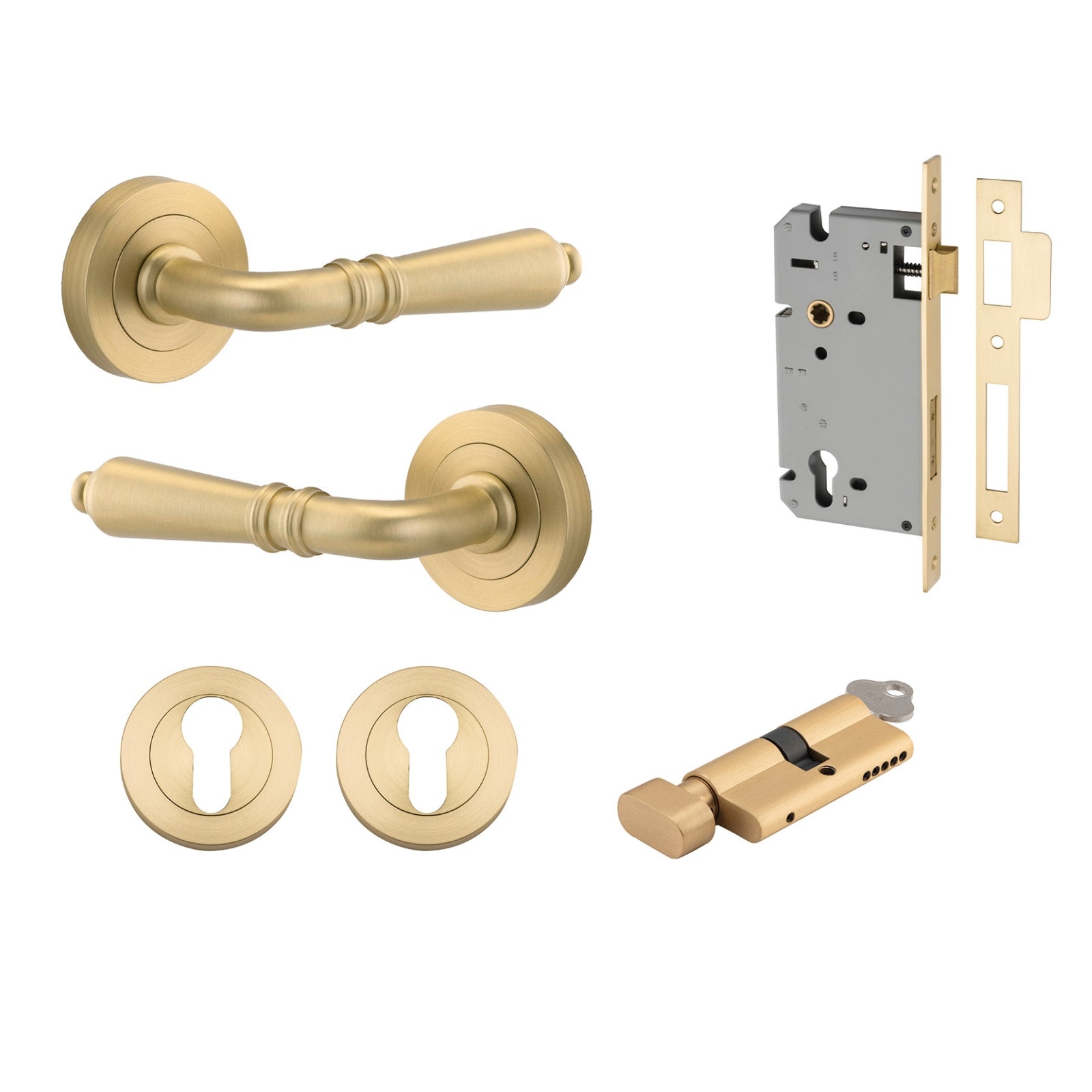 Iver Sarlat Lever Round Rose Entrance Kit with Separate High Security Lock Brushed Gold  16260KENTR60KT - The Blue Space