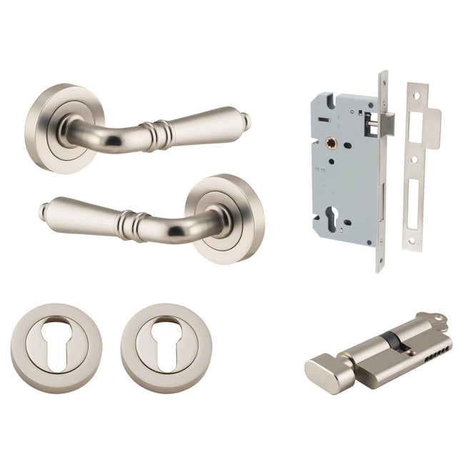 Iver Sarlat Lever Round Rose Entrance Kit with Separate High Security Lock Satin Nickel 9209KENTR60KT - The Blue Space