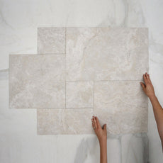 WIth Hand Ivory Valerie Travertine Tile P4 Tech Grip Porcelain French Pattern  - The Blue Space