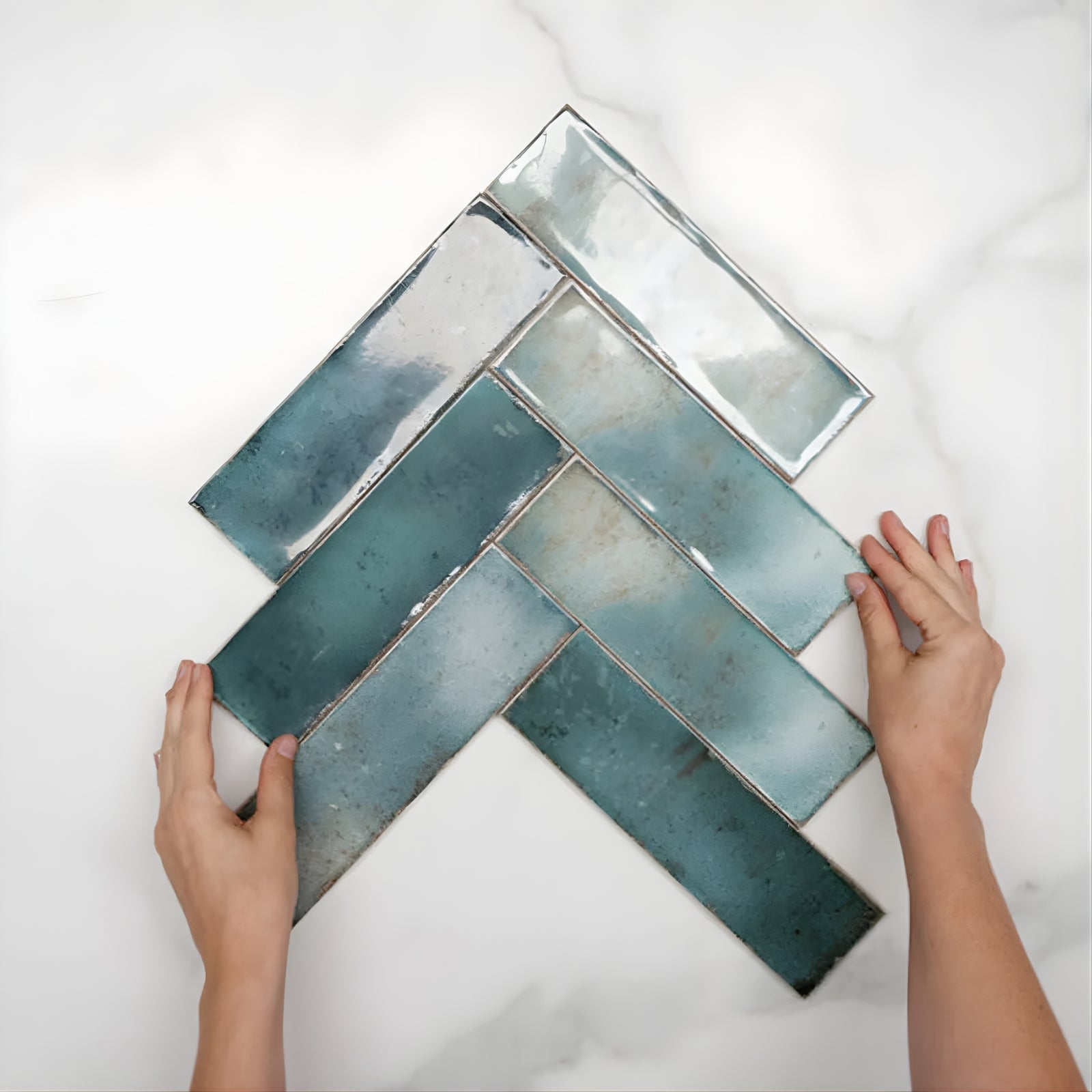 Herringbone with Hand Jade Green Leon Spanish Subway Tile Gloss 69 x 240mm Ceramic HACGNG724 - The Blue Space