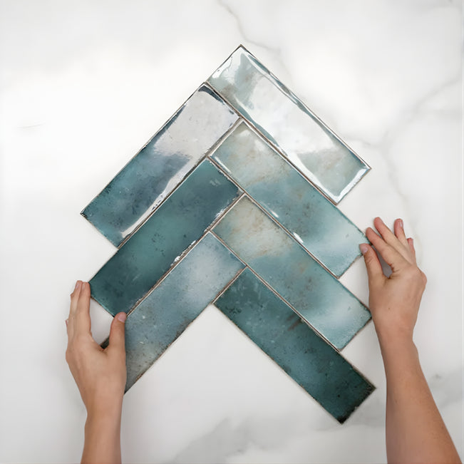 Herringbone with Hand Jade Green Leon Spanish Subway Tile Gloss 69 x 240mm Ceramic HACGNG724 - The Blue Space
