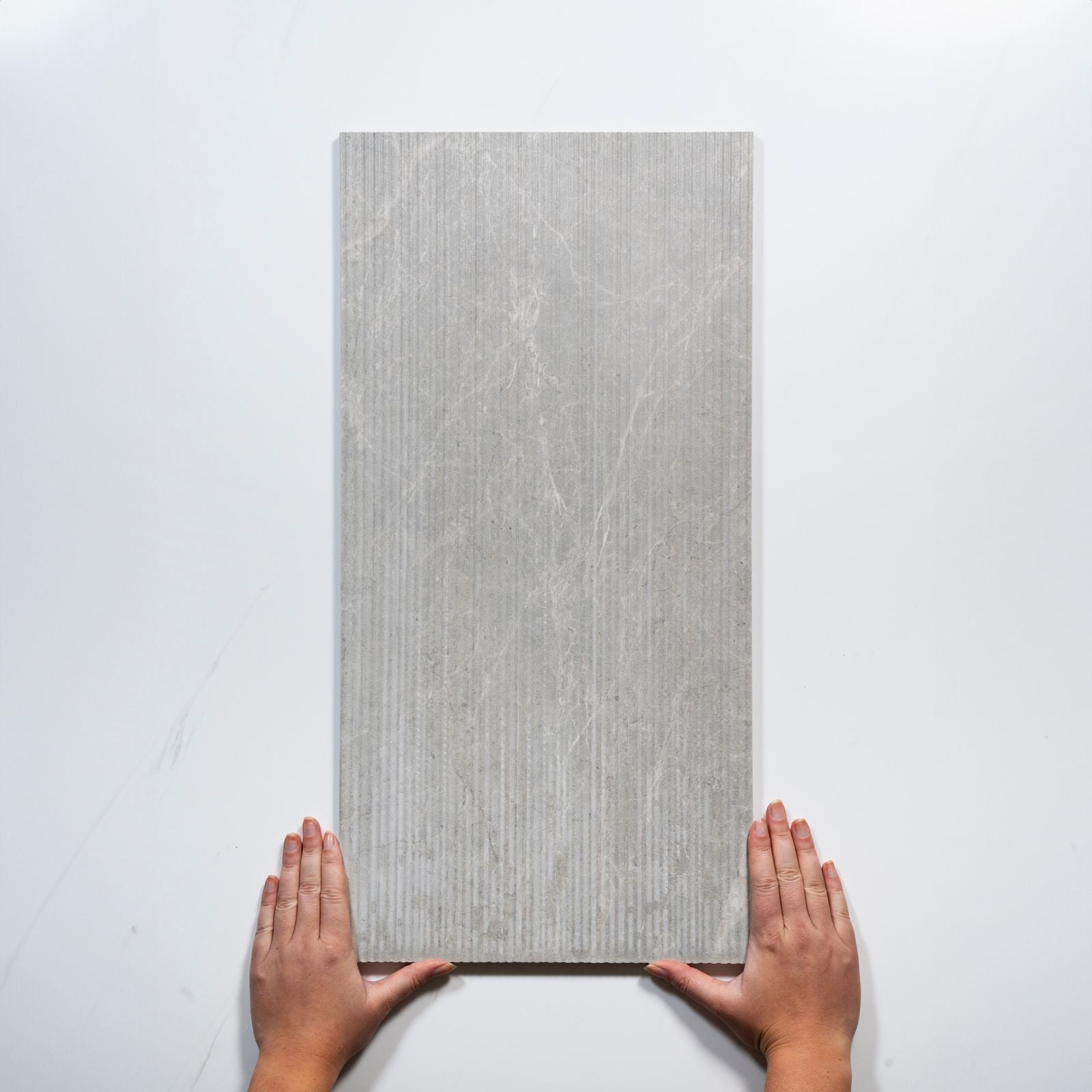 With hand Kew Grey Ribbed Decor Porcelain Tile 300 x 600mm PISGRF1 - The Blue Space
