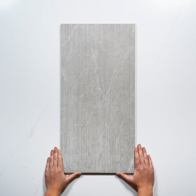 With hand Kew Grey Ribbed Decor Porcelain Tile 300 x 600mm PISGRF1 - The Blue Space