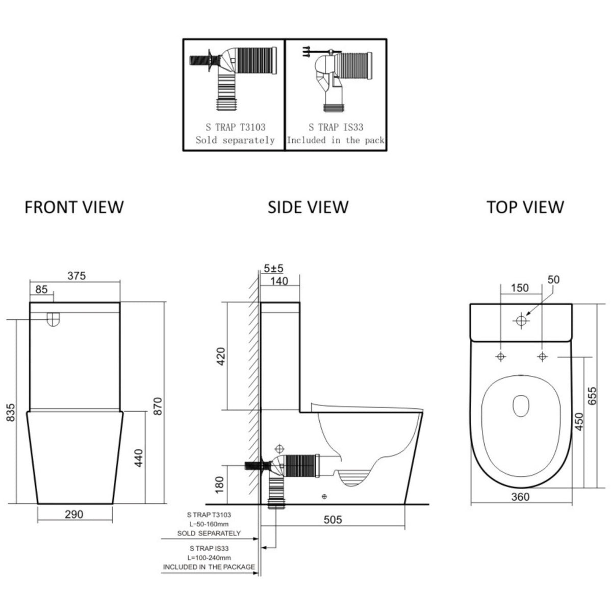 Technical Drawing Catania Rimless Bidet Toilet Suite Extra Height BS35S-TL6086A - The Blue Space