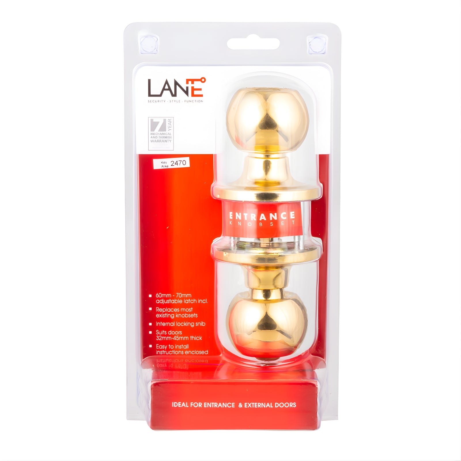 Package Lane Bala Entrance Knob Door Handle Set On Round Rosette Polished Brass L972001 - The Blue Space