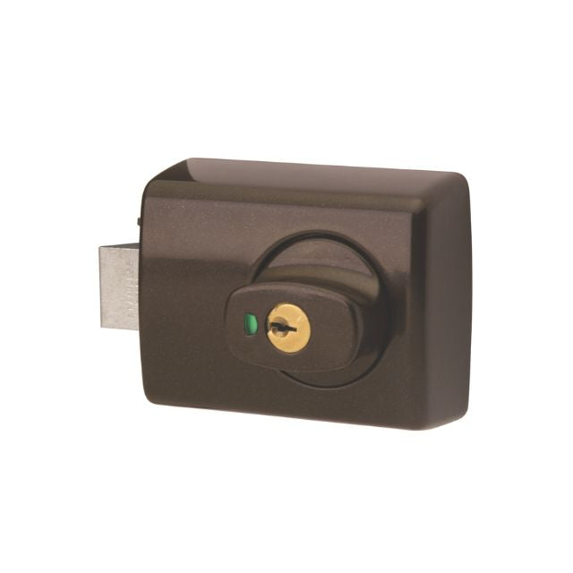 Exterior Lockwood 001 Double Cylinder Deadlatch Knob with Open In Strike Brown 001-1K1BRNDP - The Blue Space