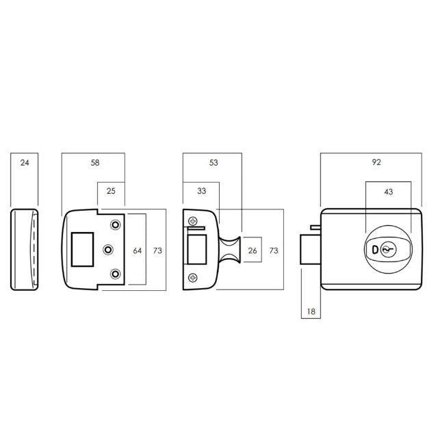 Line Drawing Lockwood 001 Double Cylinder Deadlatch Knob with Open In Strike Chrome Plate 001-1K1CPDP - The Blue Space