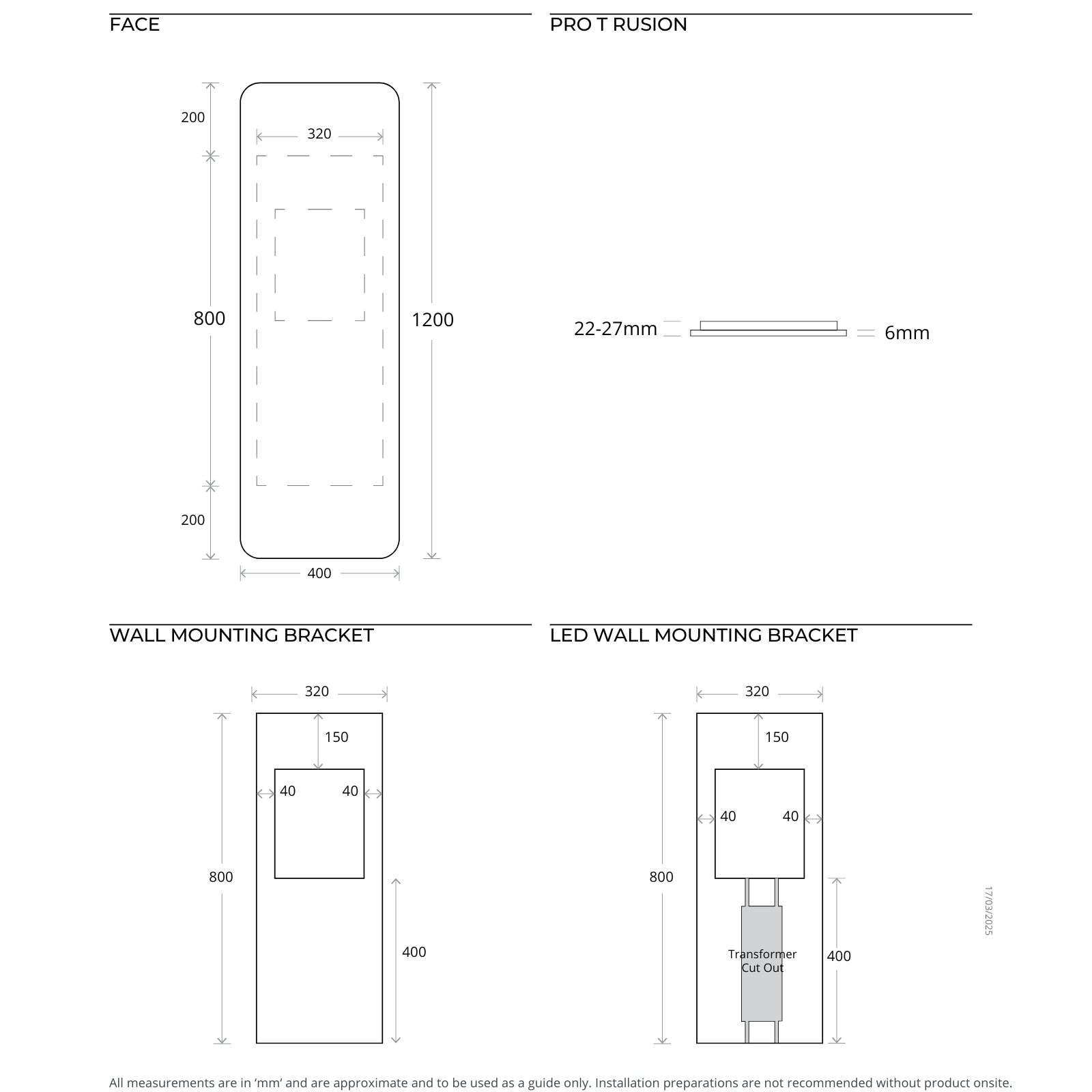 Technical Drawing Marquis Alta Frameless Mirror 400mm x 1200mm ALTA - The Blue Space