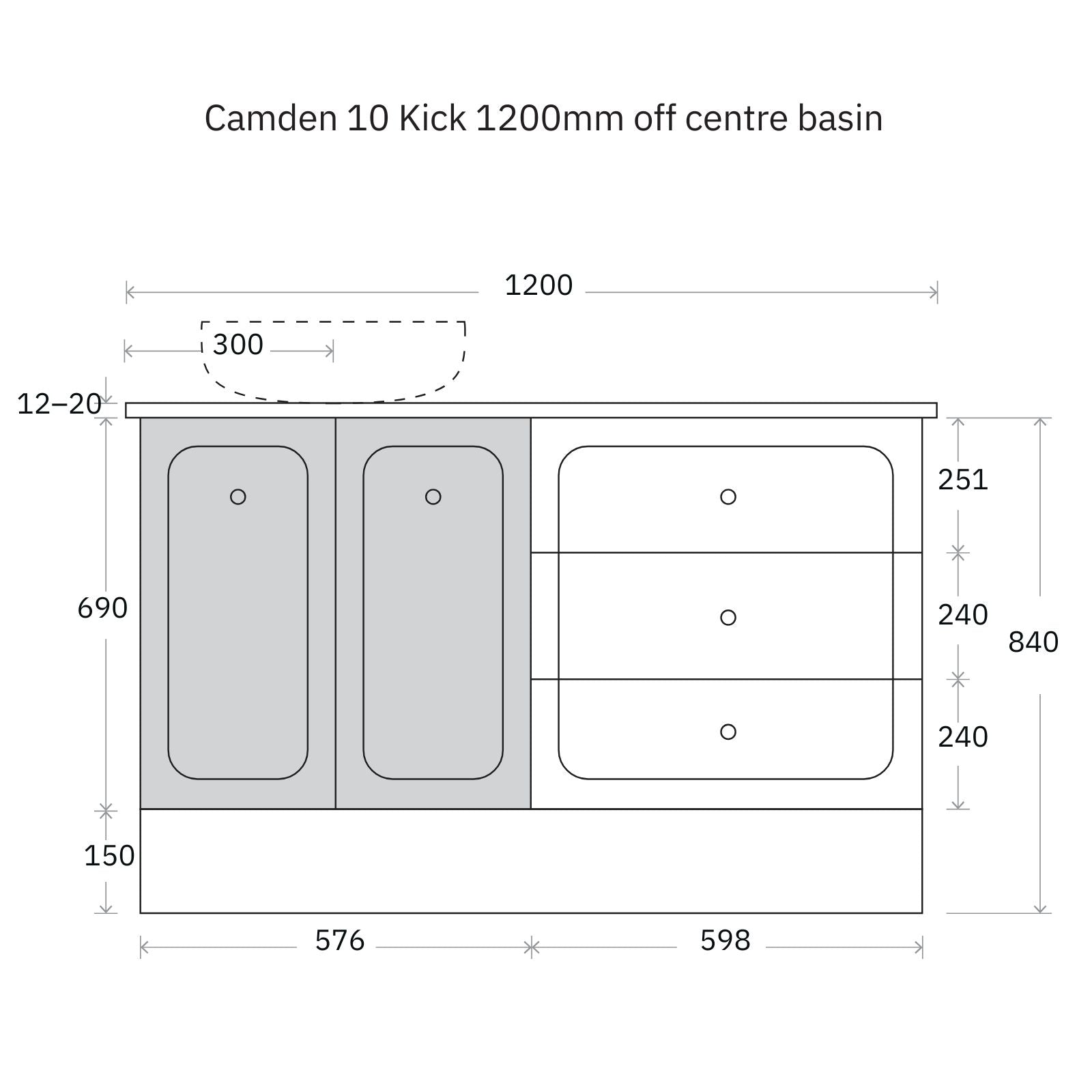 Technical Drawing Marquis Camden Floor Standing Vanity on Kickboard with Symphony Top CAMDEN10-FS-ST - The Blue Space