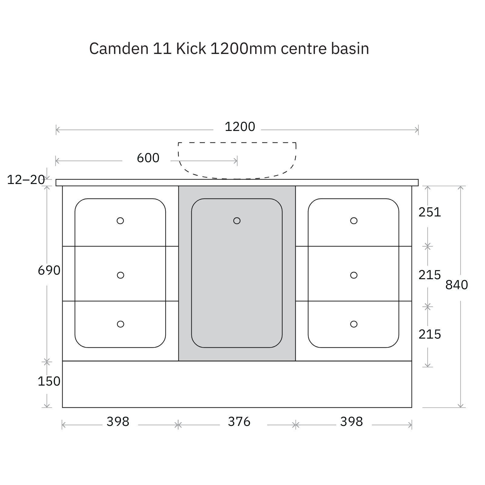 Technical Drawing Marquis Camden Floor Standing Vanity on Kickboard with Symphony Top CAMDEN11-FS-ST - The Blue Space