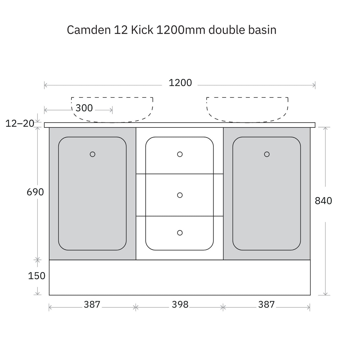 Technical Drawing Marquis Camden Floor Standing Vanity on Kickboard with Symphony Top CAMDEN12-FS-ST - The Blue Space
