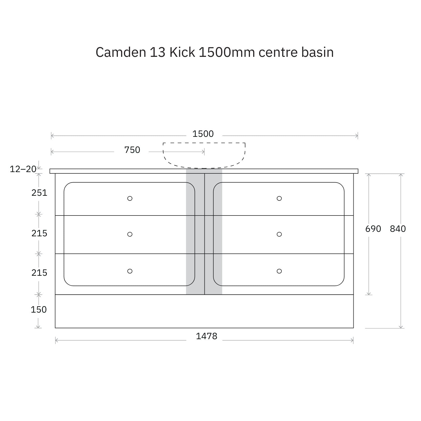 Technical Drawing Marquis Camden Floor Standing Vanity on Kickboard with Symphony Top CAMDEN13-FS-ST - The Blue Space