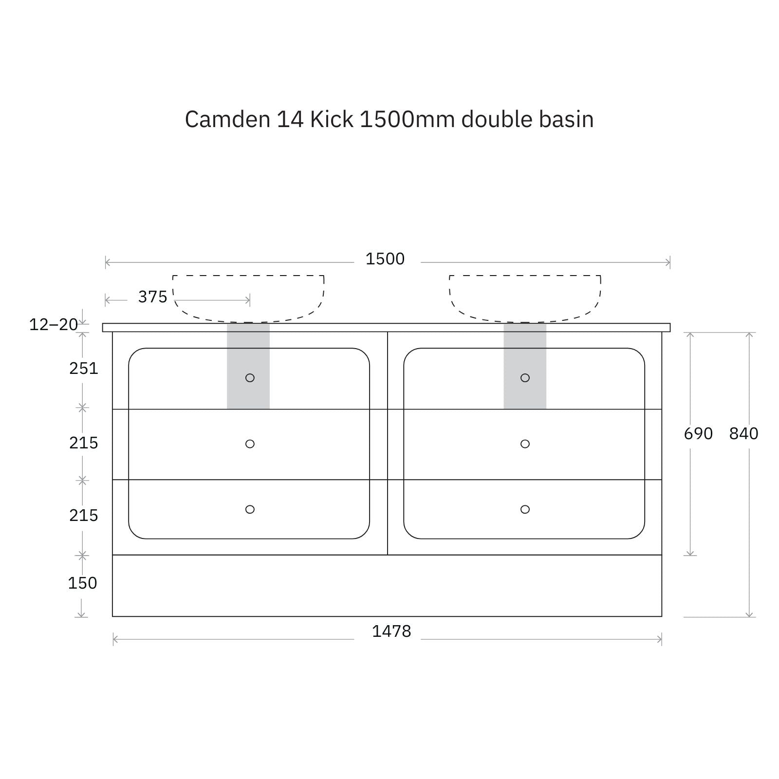 Technical Drawing Marquis Camden Floor Standing Vanity on Kickboard with Symphony Top CAMDEN14-FS-ST - The Blue Space