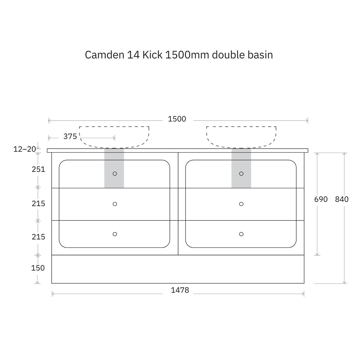 Technical Drawing Marquis Camden Floor Standing Vanity on Kickboard with Symphony Top CAMDEN14-FS-ST - The Blue Space