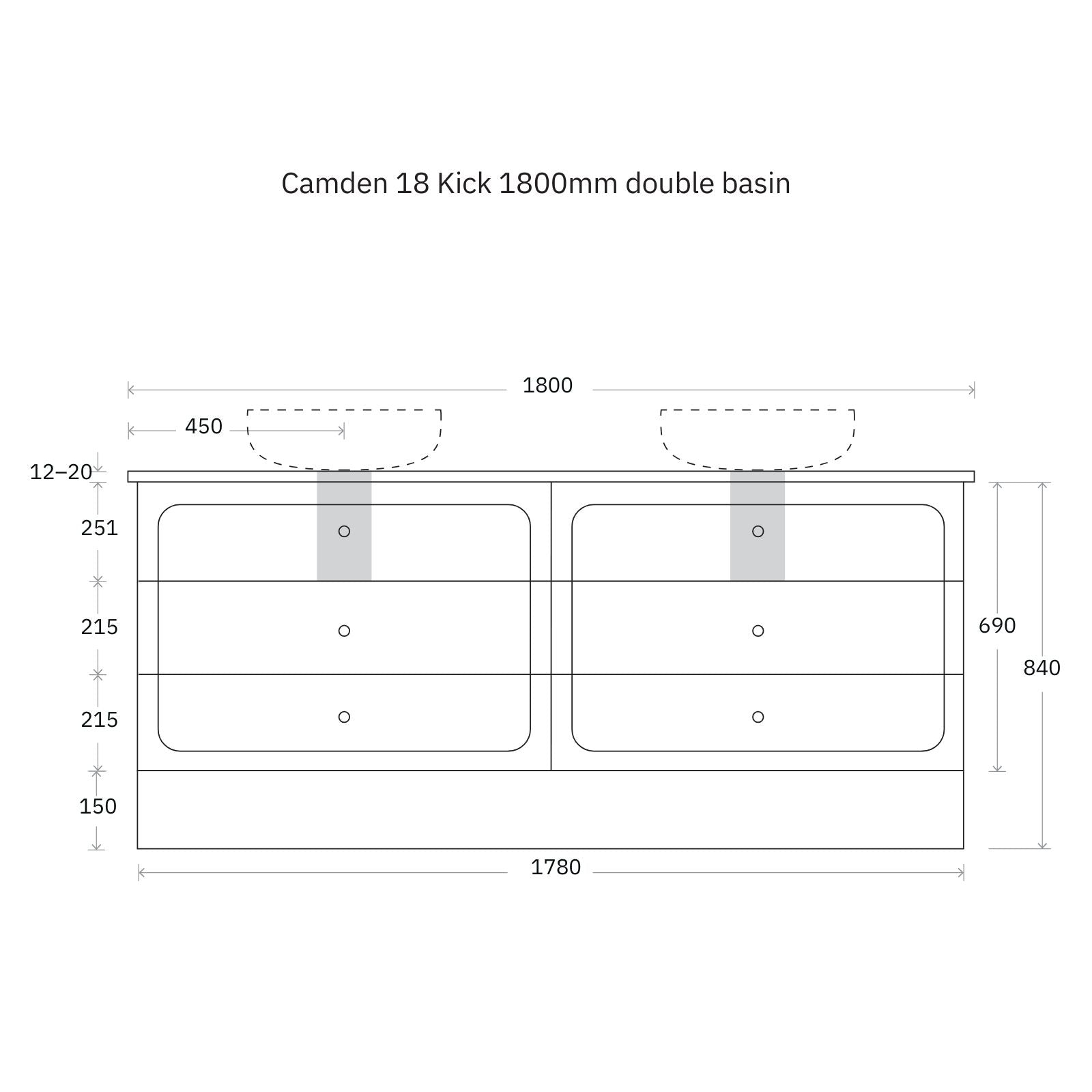 Technical Drawing Marquis Camden Floor Standing Vanity on Kickboard with Symphony Top CAMDEN18-FS-ST - The Blue Space