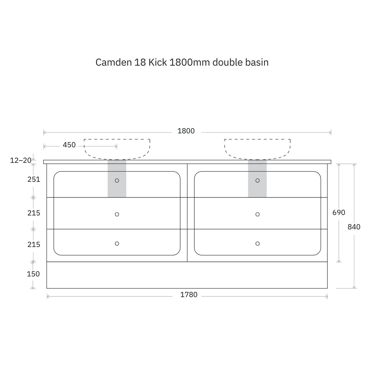 Technical Drawing Marquis Camden Floor Standing Vanity on Kickboard with Symphony Top CAMDEN18-FS-ST - The Blue Space