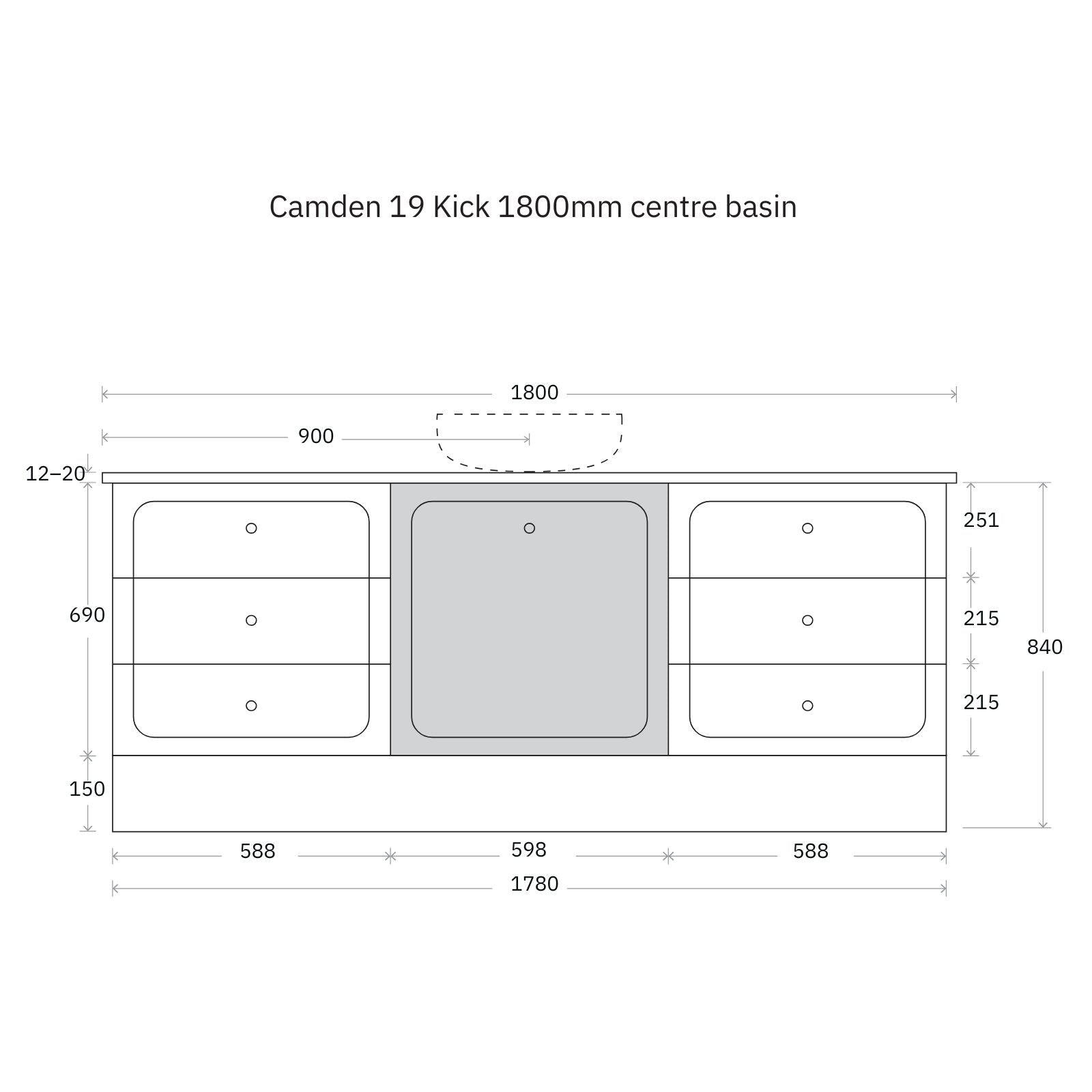 Technical Drawing Marquis Camden Floor Standing Vanity on Kickboard with Symphony Top CAMDEN19-FS-ST - The Blue Space