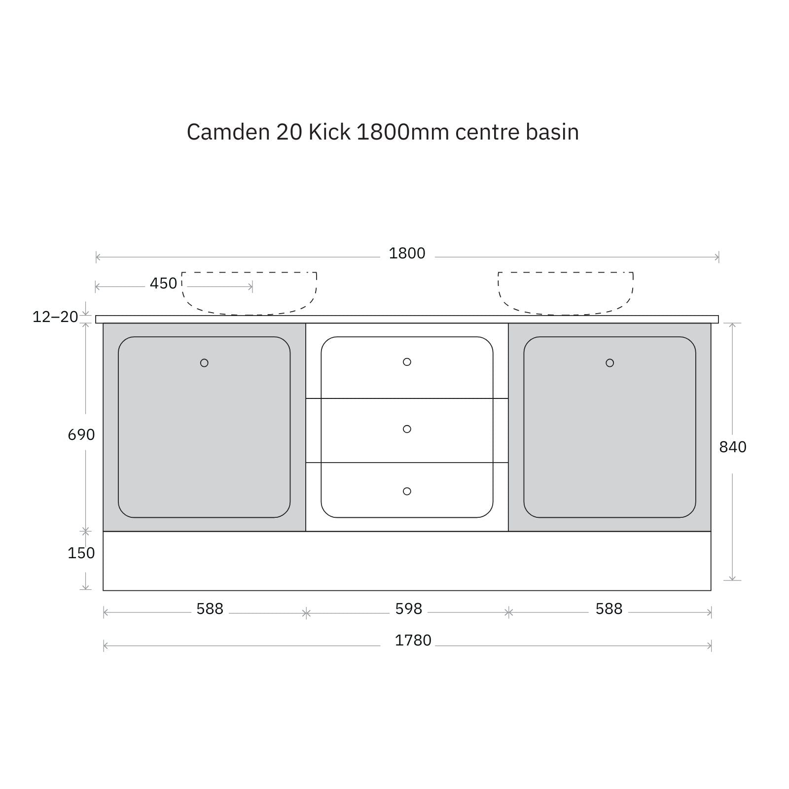 Technical Drawing Marquis Camden Floor Standing Vanity on Kickboard with Symphony Top CAMDEN20-FS-ST - The Blue Space