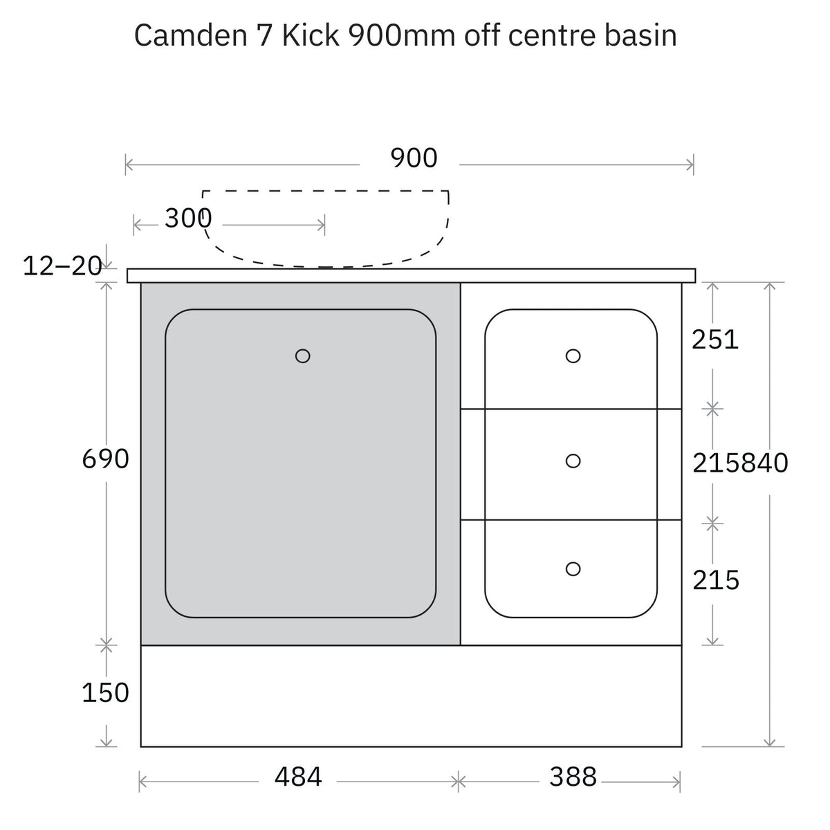Technical Drawing Marquis Camden Floor Standing Vanity on Kickboard with Symphony Top CAMDEN7-FS-ST - The Blue Space