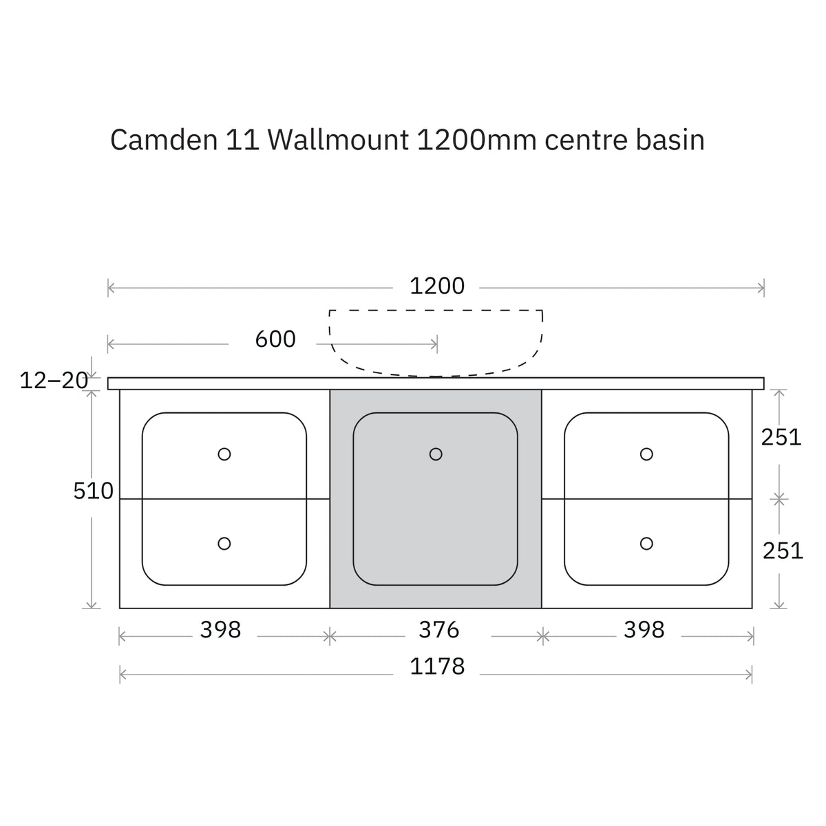 Technical Drawing Marquis Camden Wall Hung Vanity with Caesarstone, Vasari or Dekton Top CAMDEN11-WH - The Blue Space